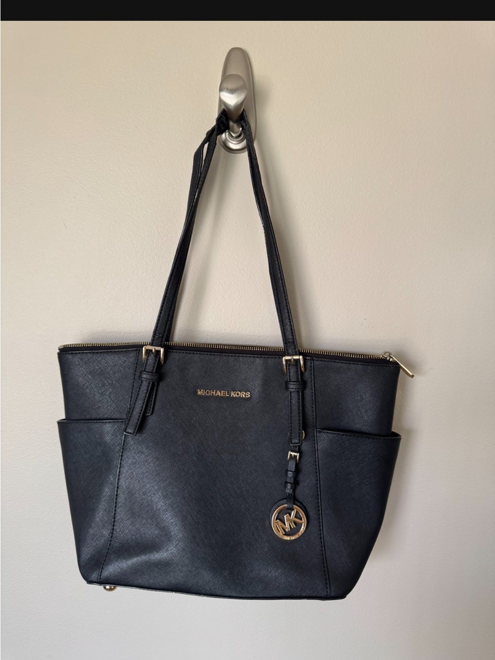 Michael Kors Black Saffiano Leather Tote with Gold Accents